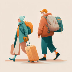 Illustration for website banner or presentation slide. Two characters with suitcases of people that travel the world, move or relocate. 