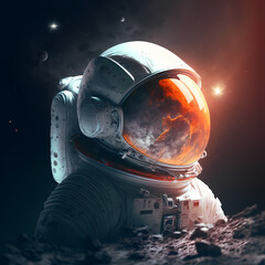 Astronaut on rock surface with space background. 