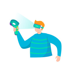 Man in VR headset with controller in metaverse virtual reality. Illustration in cartoon sticker design