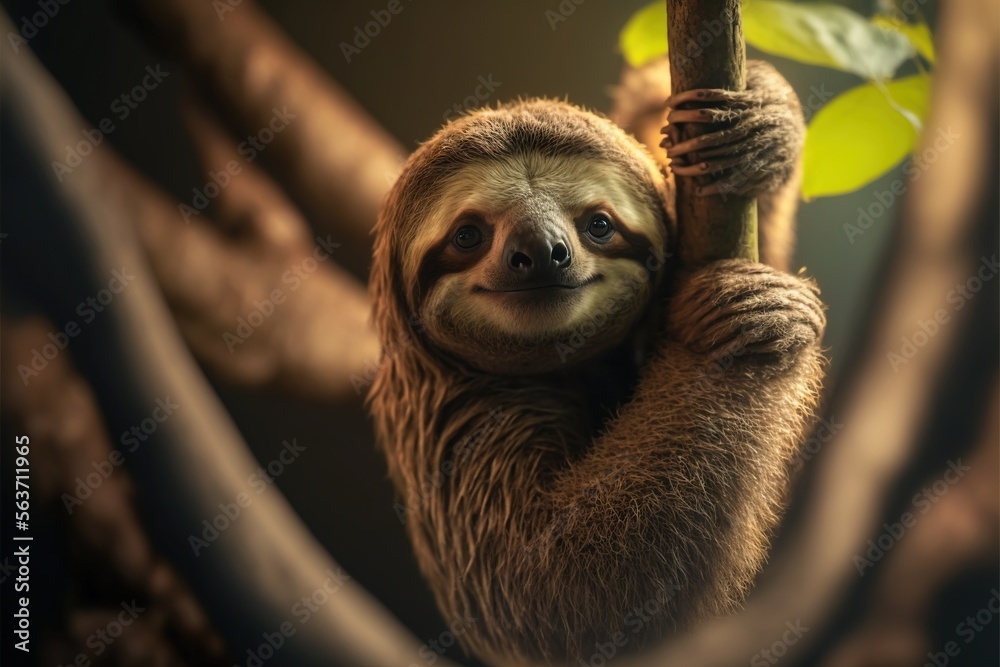 Poster  a sloth hanging from a tree branch with its head on a branch and eyes closed, with a green leaf in the background, with a blurry background of a dark background,. , AI