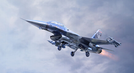 F-16 Fighting Falcon, advanced 4th generation multi-role fighter jet with cannon, air-to-air missiles, air-to-surface munitions. USA, NATO military air force F16 jet taking off. US aircraft, 3D image