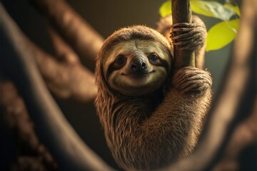  a sloth hanging from a tree branch with its head on a branch and eyes closed, with a green leaf in the background, with a blurry background of a dark background,. , AI - obrazy, fototapety, plakaty