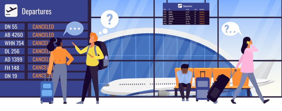 Flight canceled vector illustration. Cartoon all passengers with luggages and question marks in bubbles above heads walking, worried tourists standing near departure schedule on board at airport