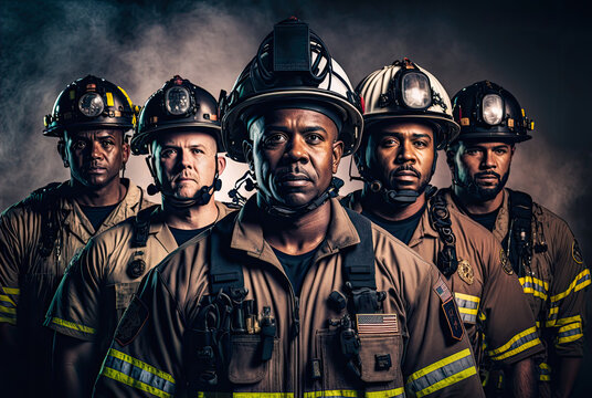 Team of firefighters. Fictitious badges. Generative AI
