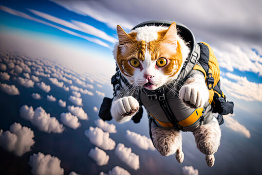 Skydiving cat, copyspace. Generative AI