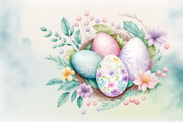 Easter watercolor image of colorful easter eggs in nest and flowers, Generative AI