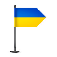 Realistic Ukrainian table flag on a black steel pole. Souvenir from Ukraine. Desk flag made of paper or fabric and shiny metal stand. Mockup for promotion and advertising. Vector illustration