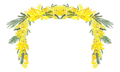 Floral garland of yellow mimosa flowers. Spring template