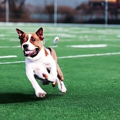 (Created with AI) A happy dog running on a football field