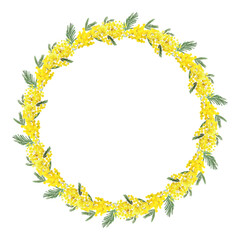 Round floral frame of yellow mimosa flowers