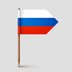 Realistic Russian toothpick flag. Souvenir from Russia. Wooden toothpick with paper flag. Location mark, map pointer. Blank mockup for advertising and promotions. Vector illustration