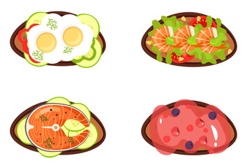 Bread toasted sandwiches with different ingredients isolated set. Healthy morning breakfast. Vector design graphic illustration