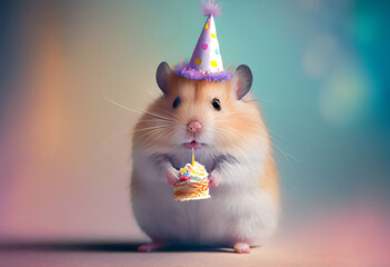 Portrait von einem Hamster mit Partyhut und Geburtstagstorte am Geburtstag feiern vor pastellfarbenen Hintergrund - Generative Ai - obrazy, fototapety, plakaty