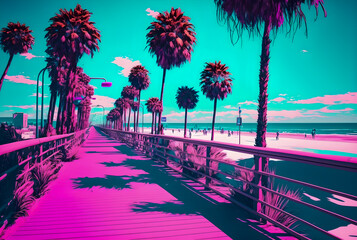 Sunny beach boardwalk whit palm trees, retro style, hand drawn illustration Generative AI