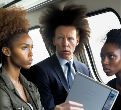 Modernos ejecutivos con peinado afro , mirando un portátil delante de una ventana de una oficina.