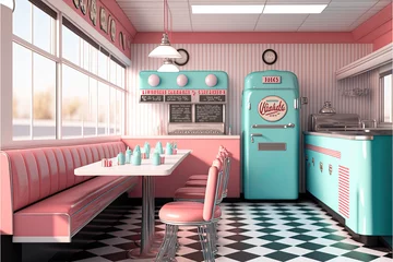 Fotobehang 3D illustration of a 1950s vintage American diner interior , ai generated © SOL