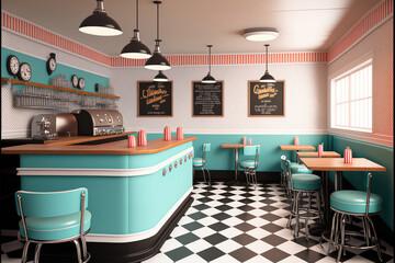 3D illustration of a 1950s vintage American diner interior , ai generated