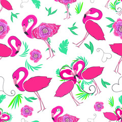 Seamless bright pattern of pink flamingos, leaves, hearts. Summer bird pattern. Vector illustration