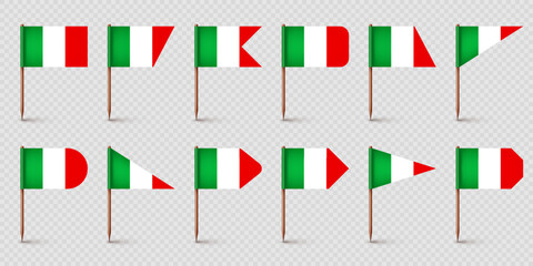 Realistic various Italian toothpick flags. Souvenir from Italy. Wooden toothpicks with paper flag. Location mark, map pointer. Blank mockup for advertising and promotions. Vector illustration