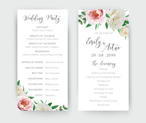 Weddign ceremony, party program. Floral editable vector template with watercolor style pink garden peony, cream white rose flowers, green leaves bouquet illustration. Stylish spring, summer design