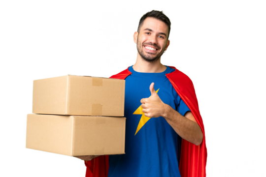 Super Hero delivery caucasian man over isolated chroma key background giving a thumbs up gesture