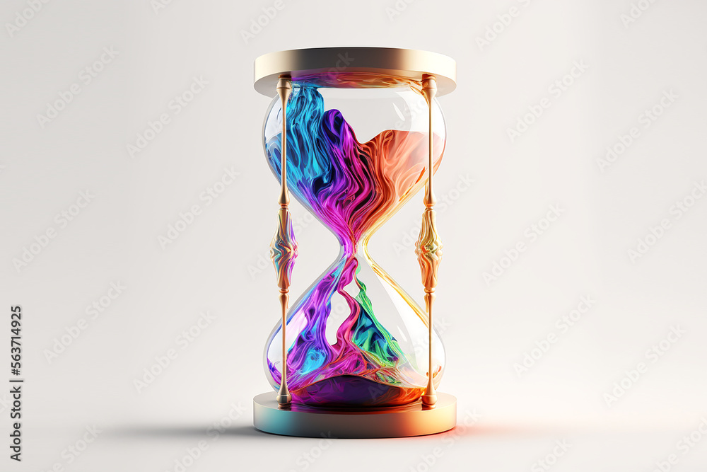 Wall mural Fantasy futuristic colorful time hourglass on white background. Generative AI