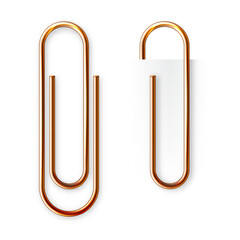 Realistic copper paperclip attached to paper isolated on white background. Shiny metal paper clip, page holder, binder. Workplace office supplies. Vector illustration