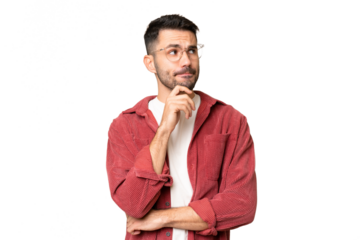 Young handsome caucasian man over isolated chroma key background having doubts and thinking
