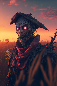 A Scary Horror Scarecrow Creature in full costumes with Hat and Red eye 