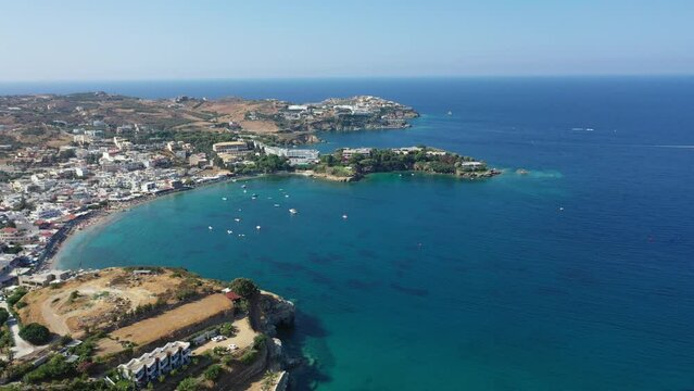 Paleochora Crete island, Greece: city of palaiochora with view mountains and lybian sea .Landscape from above .City on the mountain. At the edge of the sea