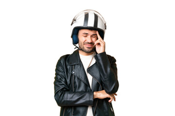 Young caucasian man with a motorcycle helmet over isolated chroma key background with headache