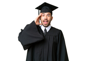 Young university graduate man over isolated chroma key background with surprise and shocked facial...