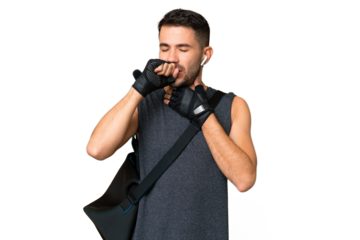 Young sport caucasian man with sport bag over over isolated chroma key background is suffering with cough and feeling bad