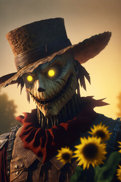 A Scary Horror Scarecrow Creature in full costumes with Hat and Red eye 