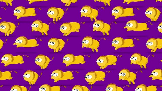 Lion jumping cartoon characters wallpaper on violet background. Cute children animation good as backdrop for intro, party, television programme, presentation, etc... Seamless loop.