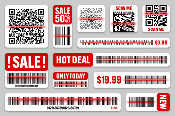 Product barcodes and QR codes with red scanning line. Sale stickers, discount label or promotional badge. Serial number, product ID. Store, supermarket scan labels, price tag. Vector illustration