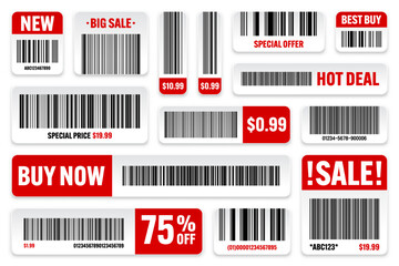 Set of product barcodes. Special offer, sale stickers, shopping discount label or promotional badge. Serial number, product ID. Store or supermarket scan labels, price tag. Vector illustration