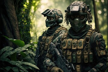 Fototapeta na wymiar jungle Special Forces Military Unit in Full Tactical Gear in the desert, generative ai forest scene