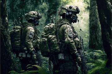 jungle Special Forces Military Unit in Full Tactical Gear in the desert, generative ai forest scene