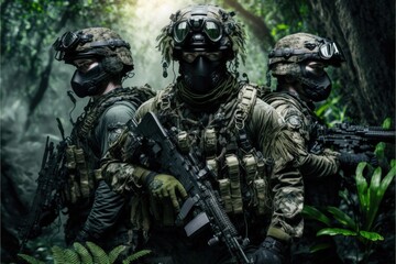 Fototapeta na wymiar jungle Special Forces Military Unit in Full Tactical Gear in the desert, generative ai forest scene