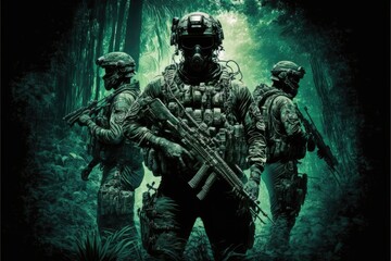 Naklejka premium jungle Special Forces Military Unit in Full Tactical Gear in the desert, generative ai forest scene