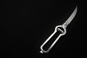 Metal kitchen scissors for cutting meat and fish on black background with copy space
