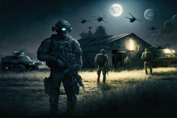 night warehouse attack by Special Forces Military Unit in Full Tactical Gear in the desert, generative ai