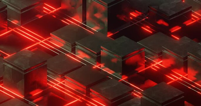 cubes of a cell with red lasers, sci-fi technological illustration, concept of high technologies and data storage, 3d rendering