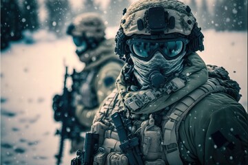 Fototapeta na wymiar Snow Special Forces Military Unit in Full Tactical Gear in the desert, generative ai ice cold scene