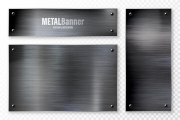 Realistic black metal banners collection. Brushed steel or aluminium plate, panel with screws. Polished metal surface. Old grunge texture with scratches. Vector illustration