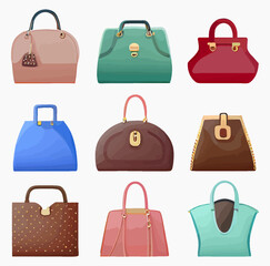 Fashion women bags flat vector illustration set. Women's accessories isolated on white background. Various stylish leather and suede bags