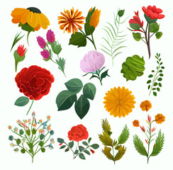 Floral vector set in flat style abstract flowers and leaves on white background. Flower bouquets. Vector flowers. Spring art print with botanical elements. Flat style. Natural vector illustration