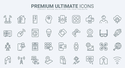 Smart devices thin line icons set vector illustration. Outline electrical appliances, lighting and modern smart home technology, machine learning of digital AI brain, control of drones and robots