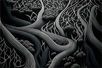 a black and white drawing of a forest with trees and bushes in the background, with a dark sky above it, and a few clouds above the trees, and below, and below. Generative AI